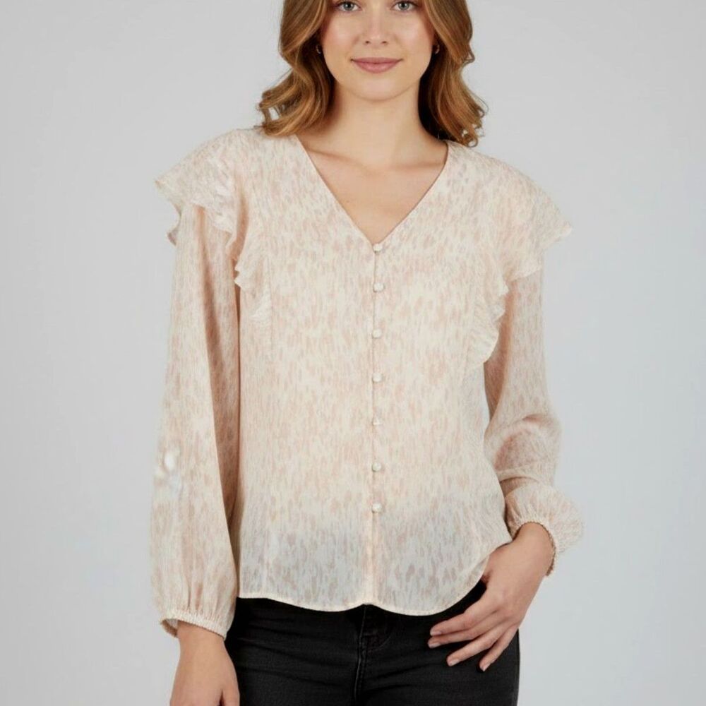 Nine West Ruffle Long Sleeve Button Cream Blush Abstract Romantic Blouse SZ M